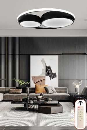 MNZ-Double Ring Round Black LED Chandelier، 3 ألوان إضاءة مع التحكم عن بعد، و Plafonier Chandelier مع المضيء 1007 - Ledmi Lighting