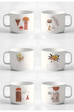 MNZ-Double Turkish Coffee Cup & Espresso كوب قهوة تركية خطية صغيرة المطبوعة للنساء مجموعة كوب 6 قطع 180 مل ÇKT9544 - GünayStore