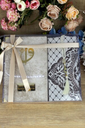 صلاة الهدايا من طراز MNZ-Dowry سجادة صلاة كرائح كبيرة مكتوبة Nubuck القرآن هدية مجموعة عروس العريس كريم - Medrese Yayınları