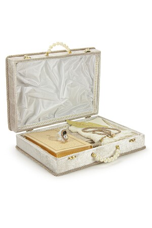 صندوق صلاة من طراز MNZ-Dowry Rug Set مع تخزين مناسب للعريس والعروس حزمة هدية Shawl Quran Set Cream - Ihvanonline