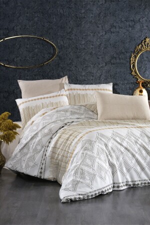 مجموعة غطاء MNZ-Duvet - Eftelya مزدوجة مع الأوراق المثبتة - كريم GRM00055 - GARDEN ROOM