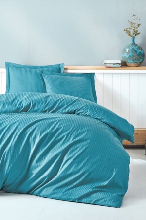 MNZ-Elegant Stripe Turquoise Satin Double Duvet Cover Set CTN-EGT-STP-STN-Ç. K-N. T-Turquoise - Cotton Box