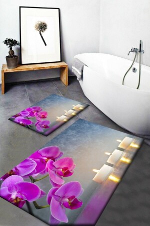 MNZ-Else الزهور الأرجوانية الشموع 2 قطعة مجموعة مرحاض حمام المطبخ مجموعة السجاد المعتاد - Else Halı