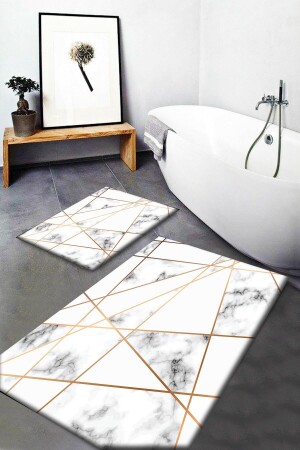 MNZ-Else صفراء الرخام الرمادي نمط غسيل غير المنزلق مجموعة قاعدة من 2 حمام السجاد المرحاض والمقعد المرحاض Elsebanyopas13 - Else Halı