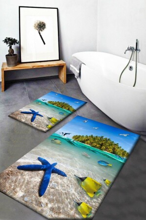 MNZ-Else سمك النجوم البحرية الزرقاء جزيرة الاستوائية 2 قطعة مجموعة الحمام المطبخ المسبح المطبخ السجادة elseklasikpaspas48 - Else Halı