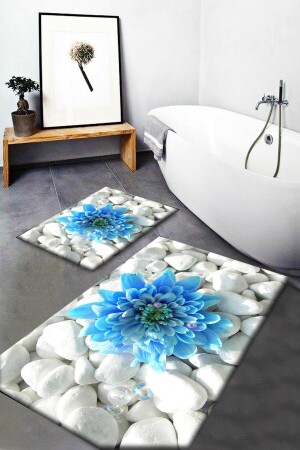 MNZ-Else Blue Floral Patterned غسيل غير المنزلق قاعدة 2-قطع حمام السجادة المياه المياه مقعد المرحاض المجموعة elseozelbanyo9 - Else Halı