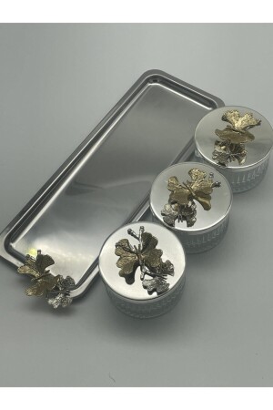 MNZ-Elysia الفضية 3 قطع خفيفة وطبق وطبق معقود زجاجية مستطيلة مع صناديق FYK01YKP05 - Fiyakalı Ürünler Atölyesi