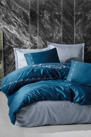 MNZ-Embroidery ساتين غطاء ملابس مزدوجة مجموعة جلوريا أزرق 8680108053874 - Cotton Box