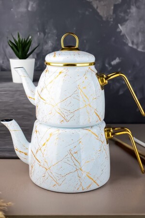 MNZ-Enamel Teapot نمط الرخام المكسور White Teapot Elite Class 200920 تصميم معتدل - 200920 - Bayev