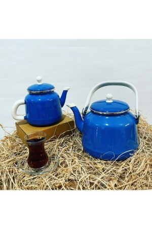 مجموعة من الـ MNZ-Enamel Vintage Blue Teapot Set مع غطاء مزدوج ALEVÇYD3 - ALEV