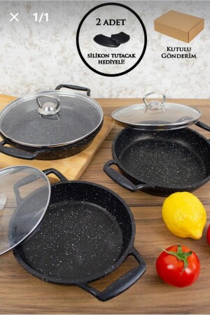 MNZ-ESSENSO 6-piece Granite PAN SET مع زجاج زجاجي زجاجي أسود 18-20-22 CM - Esta