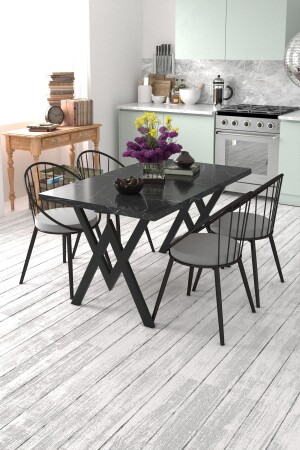 MNZ-Eylül 4 شخص طاولة المطبخ مجموعة الأسود الرخام نمط الرمادي سبتمبرmrsyh - Evdemo