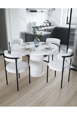 مقعد طاولة MNZ-Eylül Set طاولة مستديرة 4 مقاعد Boucle - Teddy Fabric Kitchen Table طاولة الطعام - Dekoport