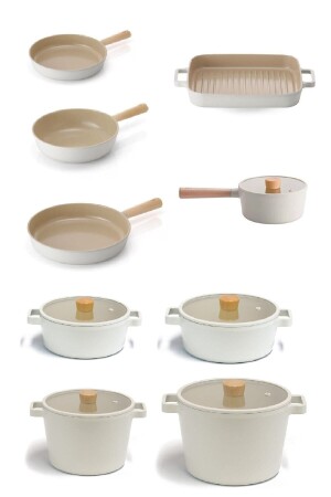 MNZ-Fika الألومنيوم الصب 14 قطعة Beige Glass Lid Pot Set Fullset - NEOFLAM