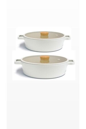 MNZ-Fika Beige Cast Aluminum 2-piece Pilaf Karnıyarık طباخات طباخات 30 سم و 26 سم beige26shallow30shallow - NEOFLAM