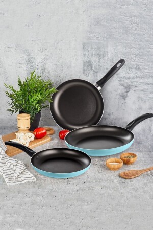 MNZ-Fireproof Non-Stick 18+22+26 سم 3 قطع طحينة تيفلون مجموعة توركيز القمر ضوء 18+22+26 سم - Mehtap