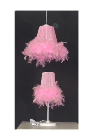 غرفة الفتيات من طراز MNZ-Firl's Room Pink Feather Chandelier Lampshade Set of 4 مع ساقي معدنية بيضاء - TEKAY AYDINLATMA