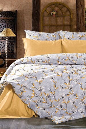 MNZ-Floral Mustard Double Duvet Cover Set مع ورق ملموسة - CANDAN ÇEYİZ