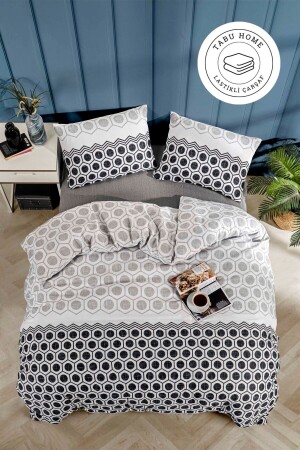 MNZ-Geometric Anthracite Double Duvet Cover Set مع ورق مرنة - Tabu Home