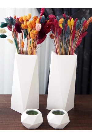 MNZ-Geometric Tall Vase 20 Cm و Geometric Tealight Candle Holder Set (4 PIECES) أبيض خام - Genel Markalar