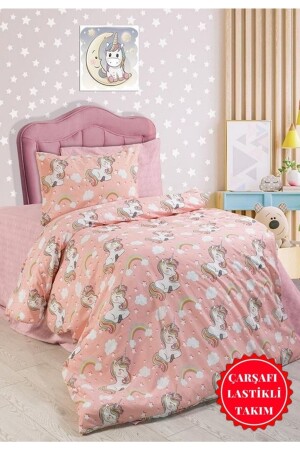 مظهر مشترك من فتيات MNZ-Girl Unicorn نمط غطاء واحد من الغطاء مع ورق ملموسة (100x200) - Şahinhome