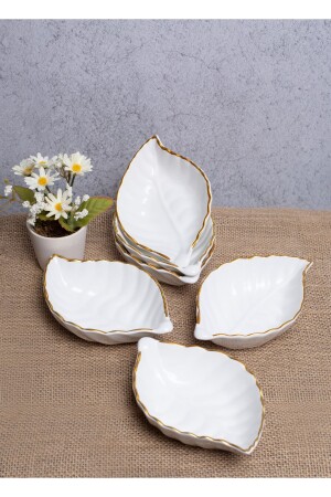 MNZ-Gold Edge Leaf Snack Bowl، وعاء العرض، وعاء الإفطار، 6 قطع لون أبيض CRZ9 - FBE HOME