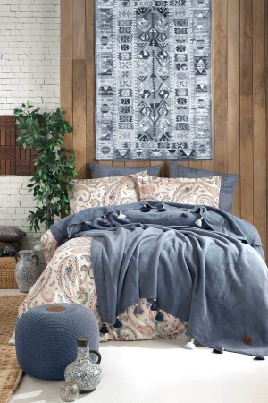 MNZ-Good Night Istanbul Boho Chic غطاء غطاء مزدوج مع بطانيات مقلية - كوبالت زرقاء OST91500 - İyi Geceler İstanbul