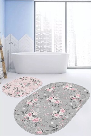 MNZ-Gray & Pink Floor Rose خاصة تصميم 2 قطعة طوّالة غير زلقة حمام ومطبخ المطبخ المطبخ المجموعة PaspasTakimiElips-2li- - Realhomes