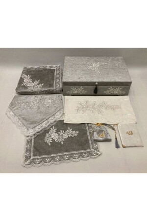 MNZ-Gray Velvet تخزين صلاة السجادة مجموعة فرنسية اللونات مجموعة 7 قطع 991000 - Dilek