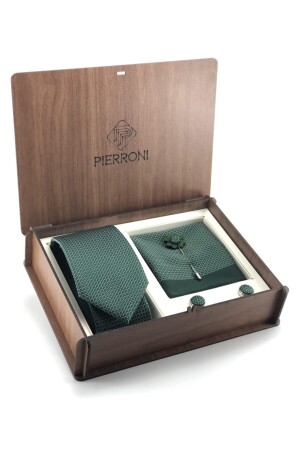 مجموعة ربطة عنق MNZ-Green من 4 مع صندوق خشبي خاص PS1320 - PİERRONİ