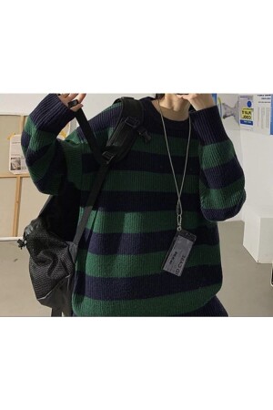 ملابس شارع مشبكة من نوع MNZ-Green Black Stripped Oversize Pullover Sweater1 - Favorim50ton