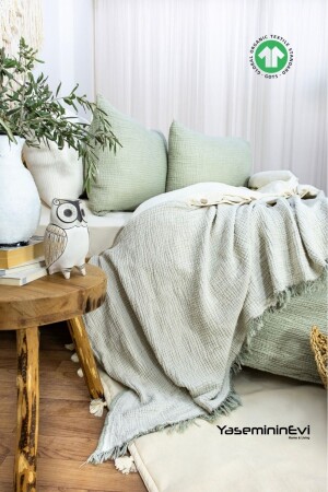 MNZ-Green - Ecru King Size غطاء السرير 4 طبقات المسلين 100% القطن - Yasemininevi