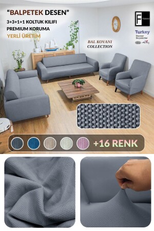 MNZ-Honeycomb 3+3+1+1 غطاء الأريكة المطاطية الرمادية المظلمة مجموعة غطاء الأريكة المطاطية - Faiend