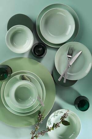 MNZ-Ikram World 24 Piece Hera Pearl Nile الخضراء وجبة العشاء مجموعة HR24Y2740632 - Kütahya Porselen