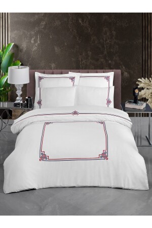 MNZ-Ionia V. 4 100٪ القطن ساتيين غطاء غطاء مجموعة ورقة ملصقة King Size White (DARK BLUE WITH RED ENBRROIDERY - Silkarea