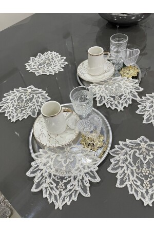 نمط من قناة (MNZ-Iris) أزياء (Guypure Lace) مجموعة من 6 نابكينات عرض كوكتيل القهوة - Nubu Atelier