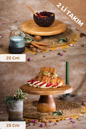 MNZ-Justwood 2 Li Risus&lucca Top Footed 25 سم و 25 كيك مستديرة خشبية عرض كيك خدمة طبق GW007 - kitchen trend