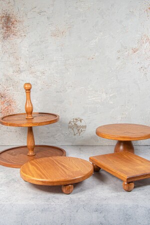 MNZ-Justwood 4 Piece 2 Tier كيك ستاند - 25 سم كيك رف - 25 سم Risus - 17x25 Risus حجم صغير الخشب المعدة المعدة المعدة - Kitchen Trend