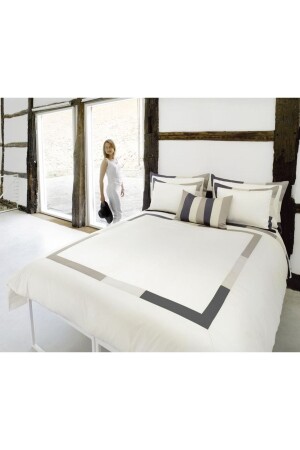 مقاس MNZ-King Anthracite Beige White Framed White Psaten Duvet Cover Set قذف - METİNEV