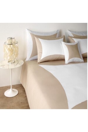 MNZ-King Size Cotton Satin Beige White Duvet Cover Set Ym45yz - METİNEV