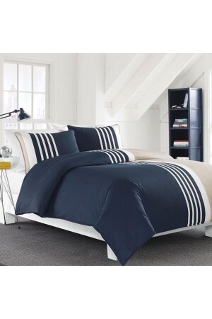 MNZ-King Size Dark Blue White Cotton Satin Duvet Cover Set BZLCV12- - METİNEV
