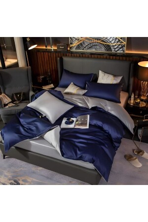 MNZ-King Size Gray Navy Blue Cotton Satin Duvet Cover Set hksd457 - METİNEV