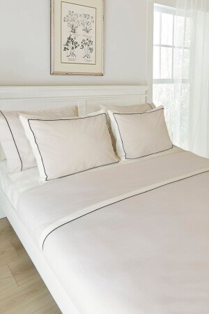 MNZ-King Size King Size Double Beige Stripped Black Piping Cotton Plain Hotel Series غطاء القماش المجموعة RHN2098B - RİTMOHOME
