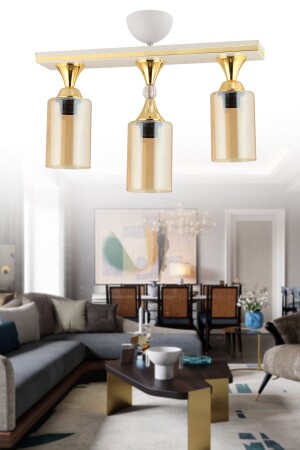 MNZ-Kübra 3 قطع زجاجية لستر ذهب أبيض ذهبية زمن شمعة حديثة 3021 - KUZEY AYDINLATMA