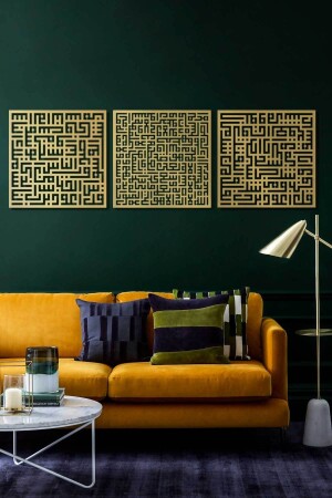MNZ-Kufi Ayetel Kursi Felak و Nas مجموعة من 3 لوحات الحائط الإسلامية المعدنية - لوحات دينية - ذهب - Wam084 - Wall Art İstanbul