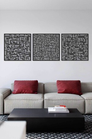 MNZ-Kufi Ayetel Kursi Felak و Nas مجموعة من 3 لوحات جدارية إسلامية معدنية - لوحات دينية - سوداء - Wam084 - Wall Art İstanbul