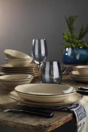 MNZ-Kütahya البورتسلين لون Eo 24 قطعة عشاء مجموعة ل 6 أشخاص السينامون CXEO24Y2730P02 - PEARL