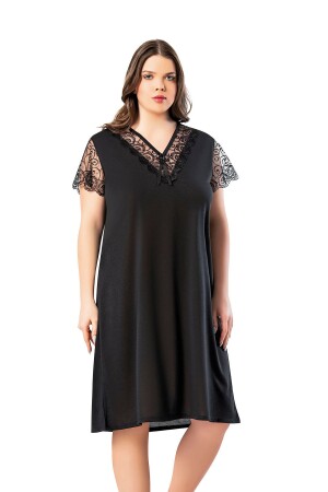 MNZ-Large Size Lace التفاصيل الأسود القصيرة الذراع النساء فساتين ليلية طويلة 62v12 - Victroy