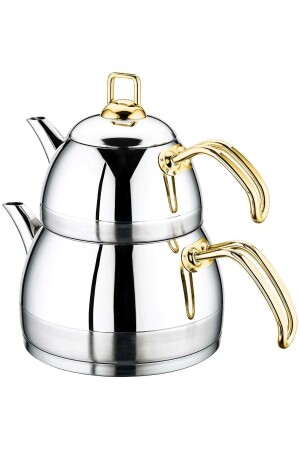 MNZ-Large Size Steel Teapot Set Gold Handle إيلا حجم كبير الذهب 165 - ÖZLİFE