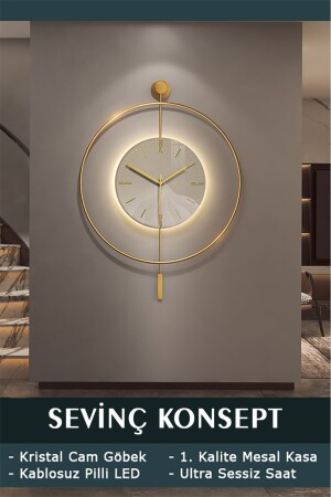 كريستال زجاجي MNZ-LED Tiktok 60 سم GOLD- مودرن ديكوراتي Pendulum Metal Wall Clock - Sevinç Konsept
